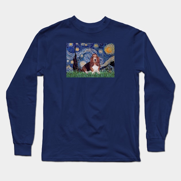 Starry Night (Van Gogh) Adapted to Feature a Basset Hund Long Sleeve T-Shirt by Dogs Galore and More